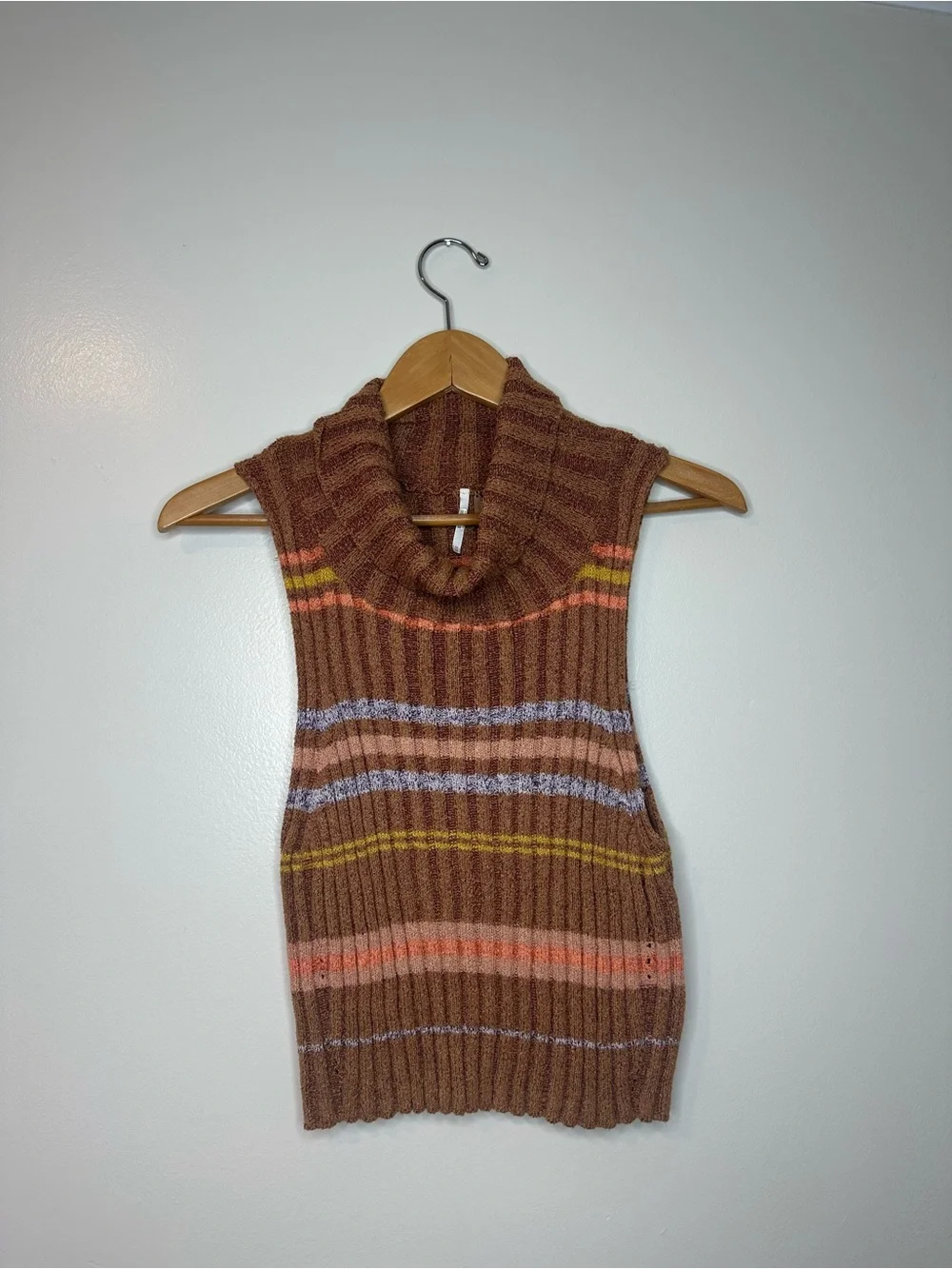 Free People Edith Sweater Striped Sleeveless Turtleneck Tank Brown and Peach M
